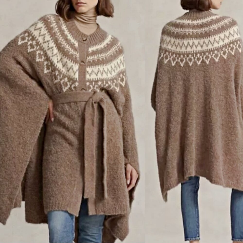 Polo Ralph Lauren Fair Isle Yoke Alpaca Wool Belted Cape Cardigan sz XL/XXL $998